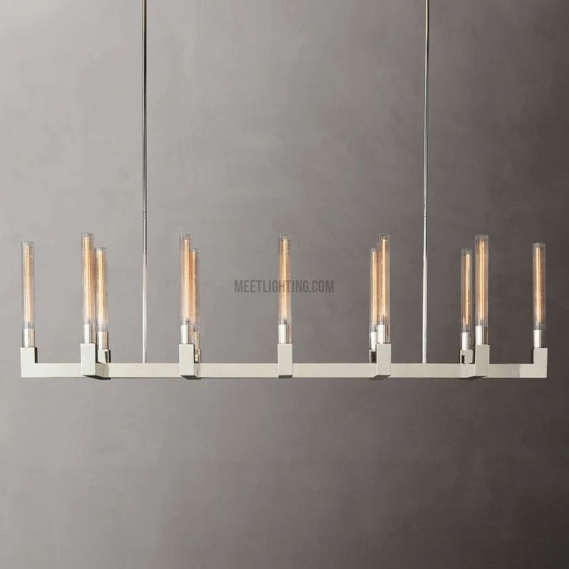 Lineaire Kroonluchter Messing 170cm met Geribbeld Glas 12 Lichtpunten voor Eetkamer Restaurant Keuken | Sansoti