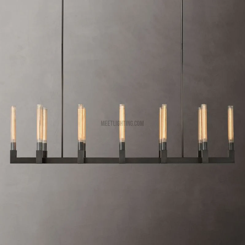 Lineaire Kroonluchter Messing 170cm met Geribbeld Glas 12 Lichtpunten voor Eetkamer Restaurant Keuken | Sansoti