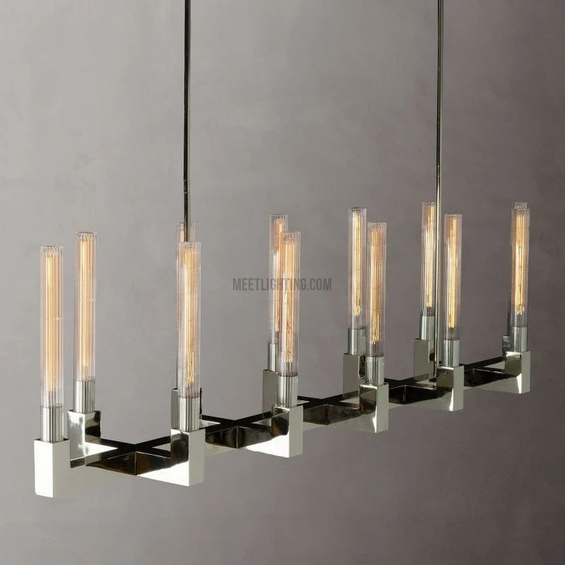Lineaire Kroonluchter Messing 170cm met Geribbeld Glas 12 Lichtpunten voor Eetkamer Restaurant Keuken | Sansoti