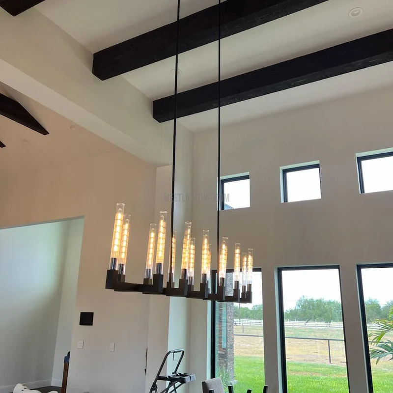 Lineaire Kroonluchter Messing 170cm met Geribbeld Glas 12 Lichtpunten voor Eetkamer Restaurant Keuken | Sansoti