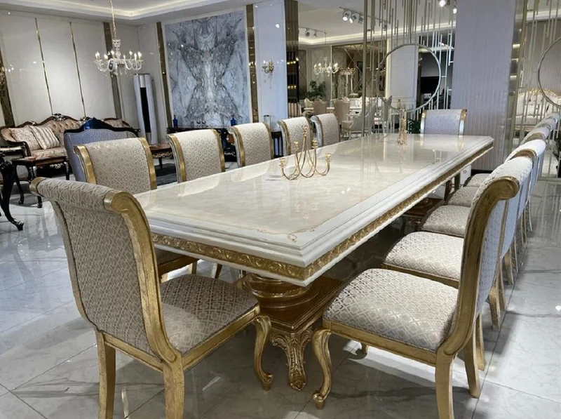 Casa Padrino Luxus Barock Esszimmer Set Creme / Weiß / Gold - 1 Esstisch & 10 Esszimmer Stühle
