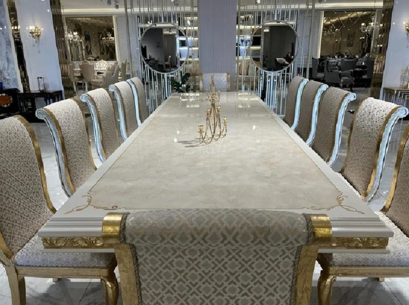 Casa Padrino Luxus Barock Esszimmer Set Creme / Weiß / Gold - 1 Esstisch & 10 Esszimmer Stühle