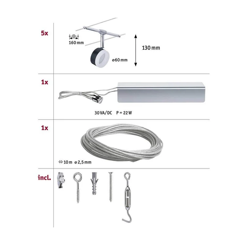 CorDuo LED Seilsystem Clear Basis-Set Schwarz, Chrom
