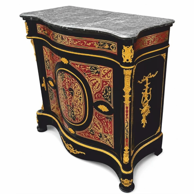 Casa Padrino Barock Boulle Massivholz Kommode mit Marmorplatte Schwarz / Rot / Gold / Grau H. 105 cm - Barock Boulle Möbel