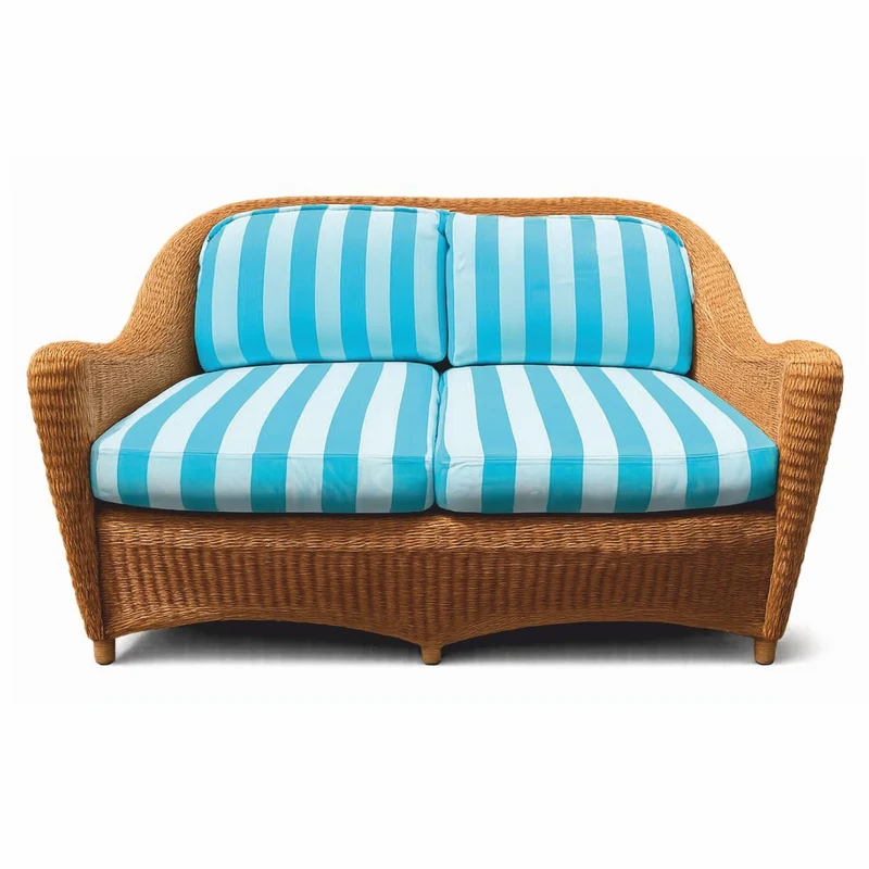 Casa Padrino Luxus Rattan Sofa Honigfarben / Weiß / Blau 140 cm - Hotel Möbel - Rattan Möbel - Luxus Möbel