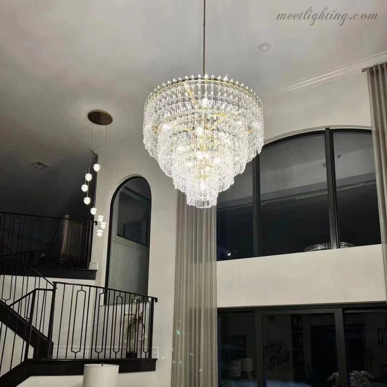 Kristallen Kroonluchter 155cm Vijf Lagen 17 Lichtpunten Staal Glas Luxe Verlichting Eetkamer Entree Lobby | Sansoti