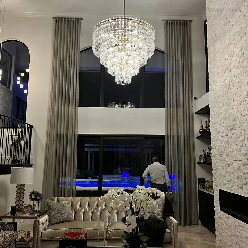 Kristallen Kroonluchter 155cm Vijf Lagen 17 Lichtpunten Staal Glas Luxe Verlichting Eetkamer Entree Lobby | Sansoti