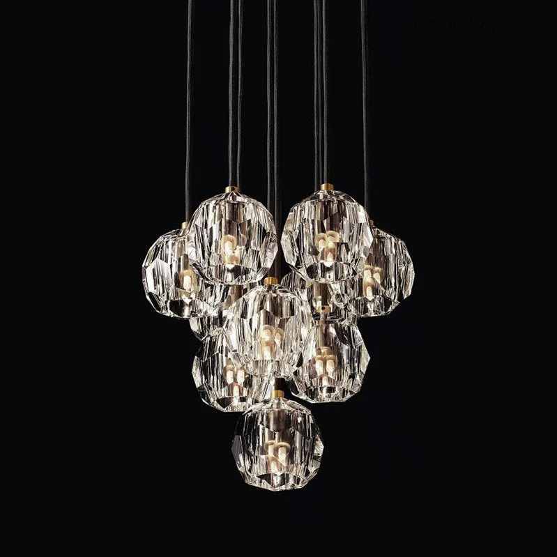 Glazen Cluster Kroonluchter Ø35cm Kristallen Bollen 10 Lichtpunten Messing Rookglas Eetkamer Woonkamer | Sansoti