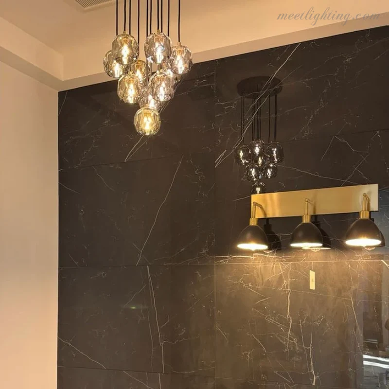 Glazen Cluster Kroonluchter Ø35cm Kristallen Bollen 10 Lichtpunten Messing Rookglas Eetkamer Woonkamer | Sansoti