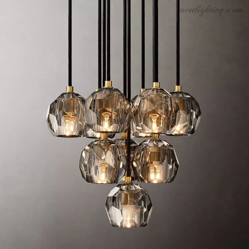 Glazen Cluster Kroonluchter Ø35cm Kristallen Bollen 10 Lichtpunten Messing Rookglas Eetkamer Woonkamer | Sansoti