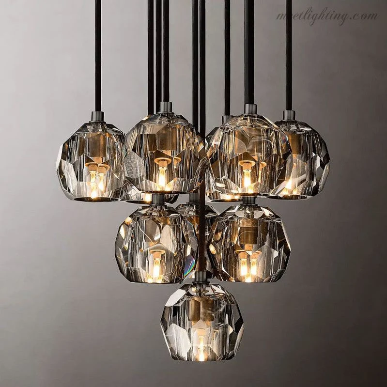 Glazen Cluster Kroonluchter Ø35cm Kristallen Bollen 10 Lichtpunten Messing Rookglas Eetkamer Woonkamer | Sansoti