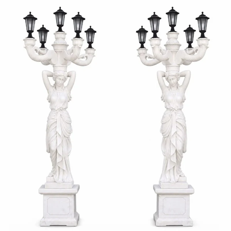 Casa Padrino Jugendstil Marmor Außenstehleuchten Set Weiß / Schwarz H. 280 cm - Jugendstil Außenbeleuchtung - Gartenbeleuchtung