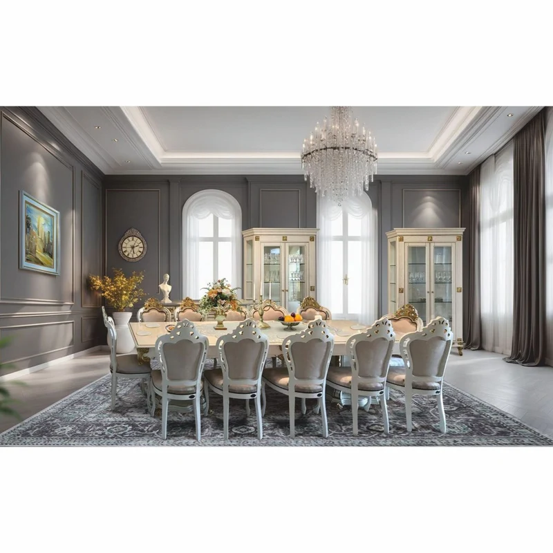Casa Padrino Luxus Barock Esszimmer Set Grau / Weiß / Gold - 1 Esstisch und 12 Stühle