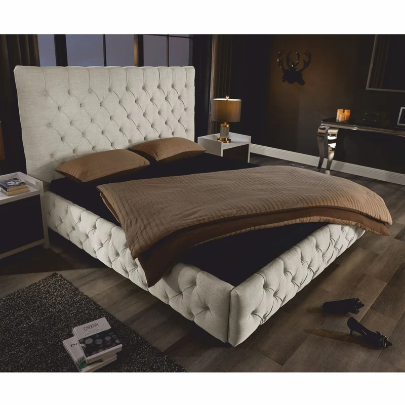Casa Padrino Chesterfield Doppelbett Beige / Schwarz 180 x 200 cm - Schlafzimmer Möbel
