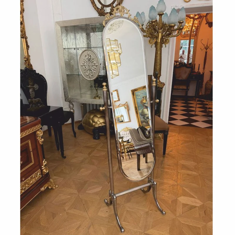 Casa Padrino Luxus Barock Standspiegel Silber / Gold H. 165 cm - Schwenkbarer Spiegel - Barock Möbel - Made in Italy