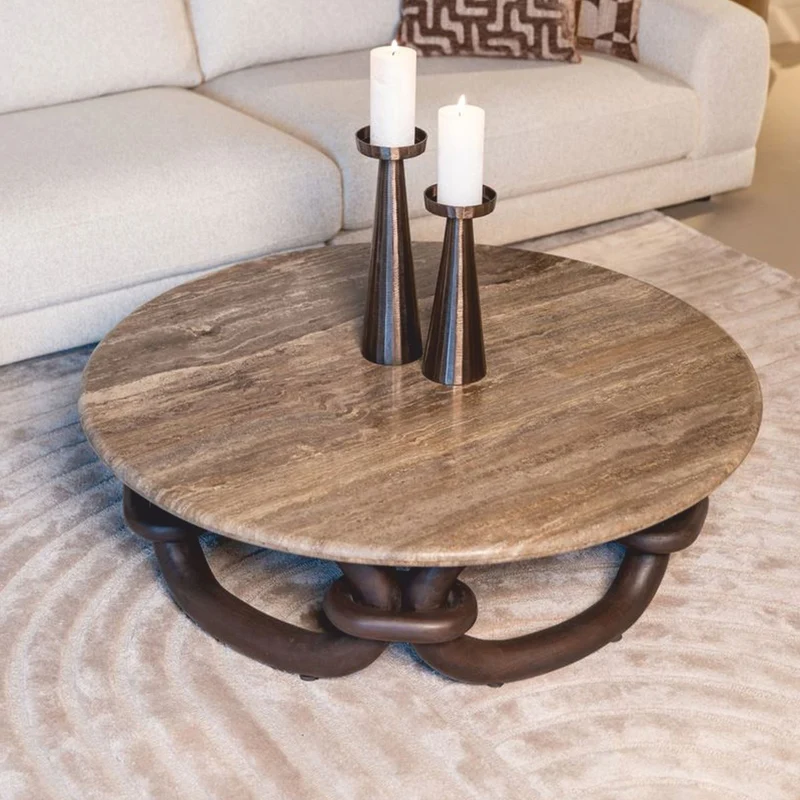 Casa Padrino Luxus Couchtisch mit Travertin Tischplatte Braun / Dunkelbraun Ø 110 cm