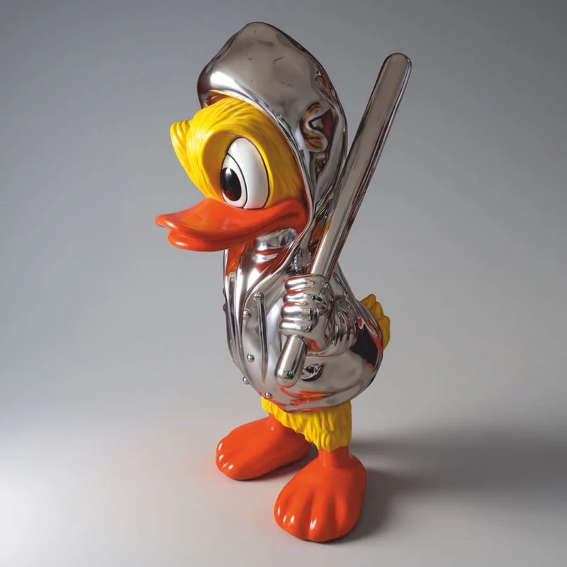 Casa Padrino XXL Deko Skulptur Ente Silber / Gelb / Orange H. 165 cm - Deko Figur