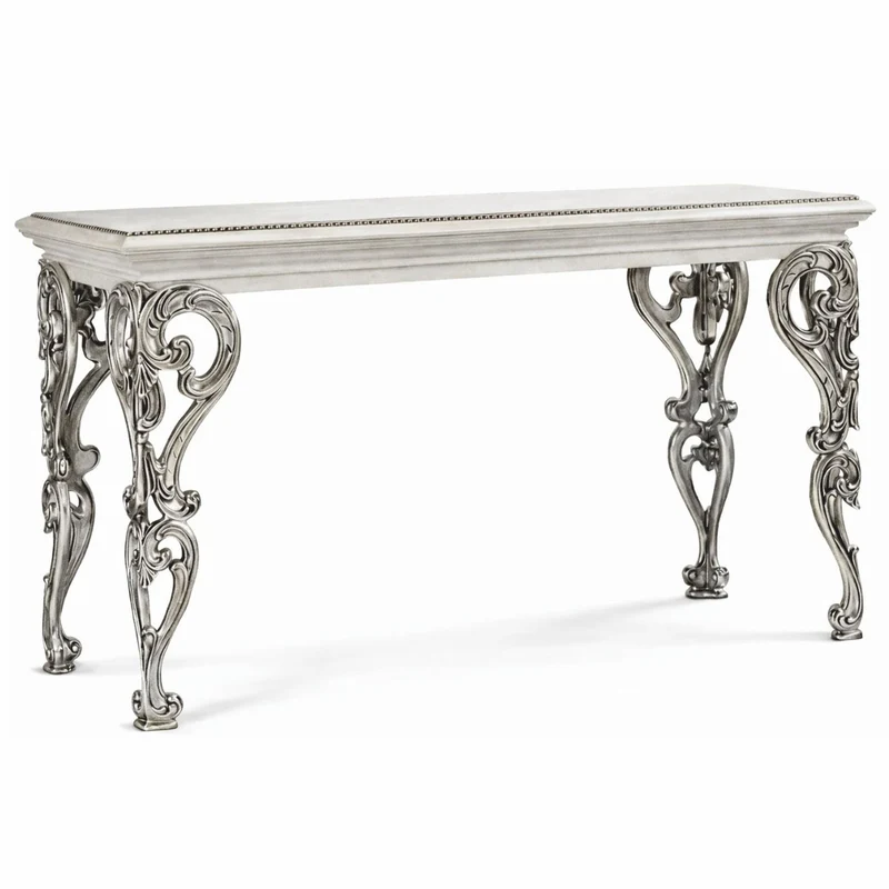 Casa Padrino Luxus Barock Massivholz Konsole Weiß / Silber 140,5 cm - Barock Möbel - Made in Italy