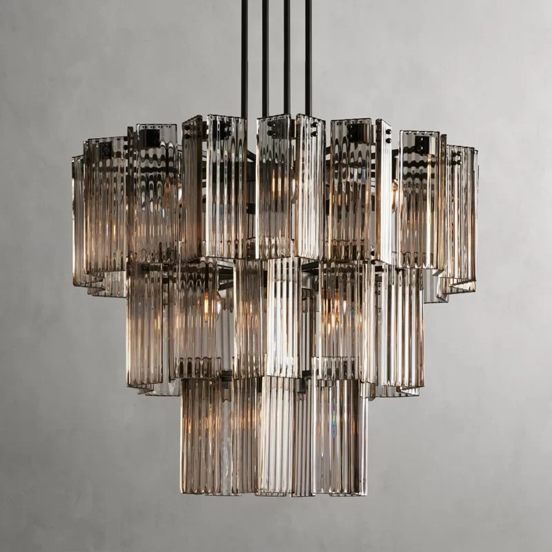 Ronde Kroonluchter Geribbeld Glas Stalen Frame 38-60cm Hanglamp Meerlichts Eetkamer Trap Balzaal Woonkamer | Sansoti