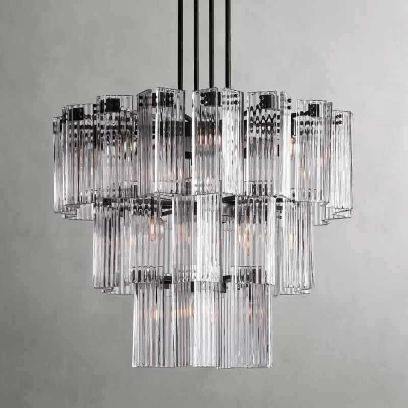 Ronde Kroonluchter Geribbeld Glas Stalen Frame 38-60cm Hanglamp Meerlichts Eetkamer Trap Balzaal Woonkamer | Sansoti