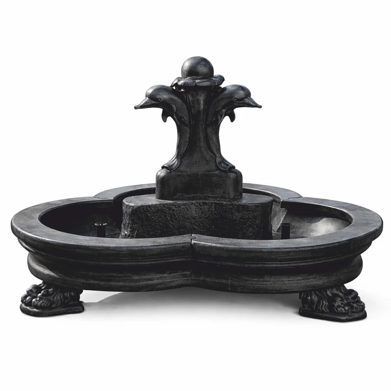 Casa Padrino Barock Springbrunnen Delfine Schwarz Ø 185 x H. 130 cm - Prunkvoller Gartenbrunnen