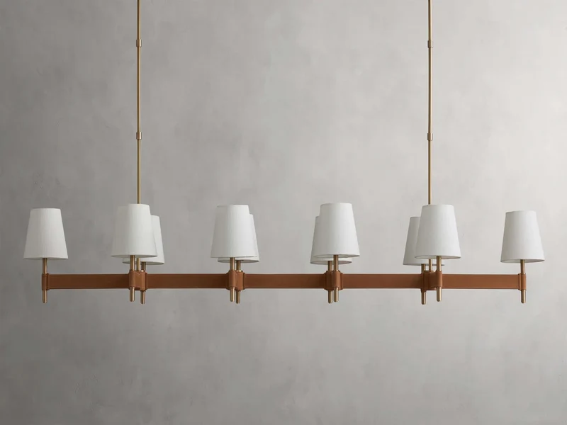 Lineaire Kroonluchter Messing met Leren Accenten Linnen Kappen 6 8 10 Lampen Eetkamer Woonkamer Hanglamp | Sansoti