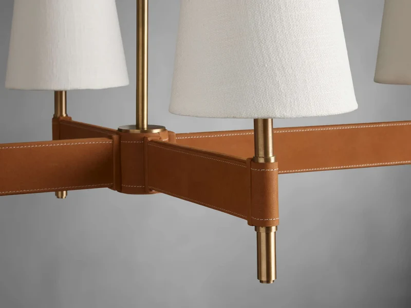 Lineaire Kroonluchter Messing met Leren Accenten Linnen Kappen 6 8 10 Lampen Eetkamer Woonkamer Hanglamp | Sansoti