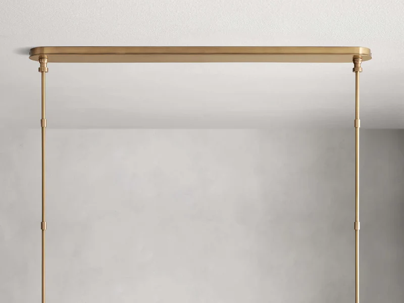 Lineaire Kroonluchter Messing met Leren Accenten Linnen Kappen 6 8 10 Lampen Eetkamer Woonkamer Hanglamp | Sansoti