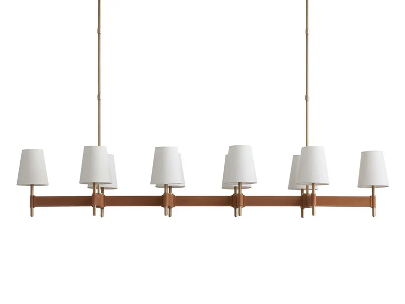 Lineaire Kroonluchter Messing met Leren Accenten Linnen Kappen 6 8 10 Lampen Eetkamer Woonkamer Hanglamp | Sansoti