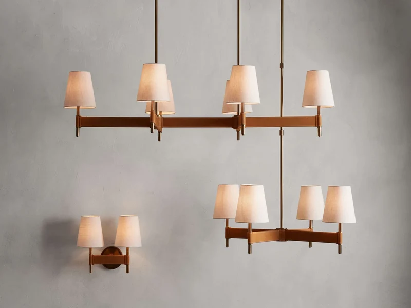 Lineaire Kroonluchter Messing met Leren Accenten Linnen Kappen 6 8 10 Lampen Eetkamer Woonkamer Hanglamp | Sansoti