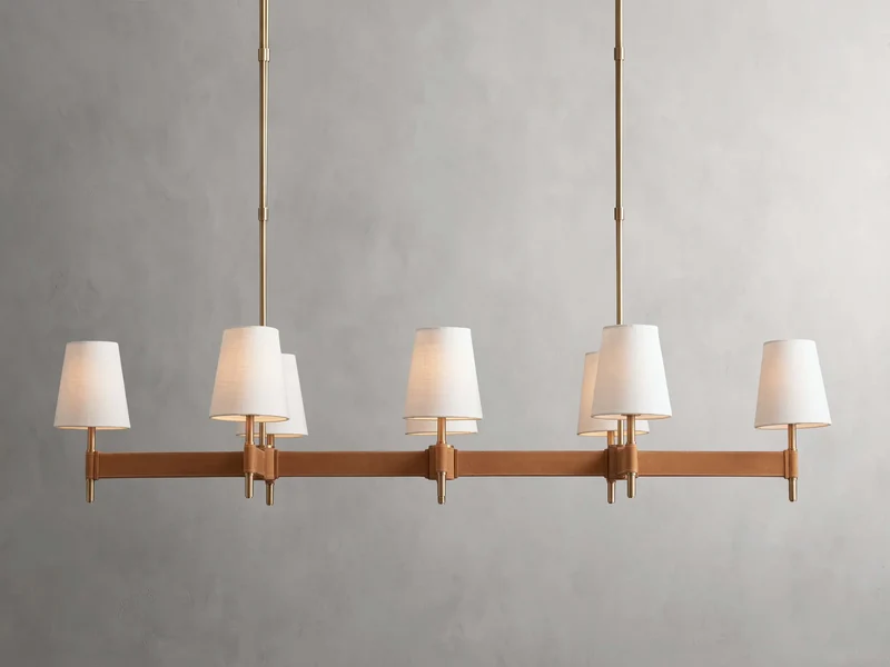 Lineaire Kroonluchter Messing met Leren Accenten Linnen Kappen 6 8 10 Lampen Eetkamer Woonkamer Hanglamp | Sansoti