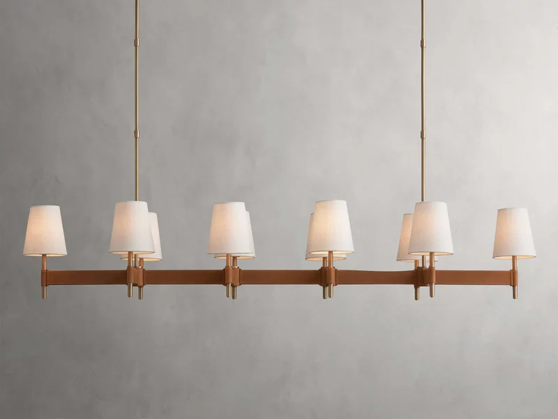 Lineaire Kroonluchter Messing met Leren Accenten Linnen Kappen 6 8 10 Lampen Eetkamer Woonkamer Hanglamp | Sansoti