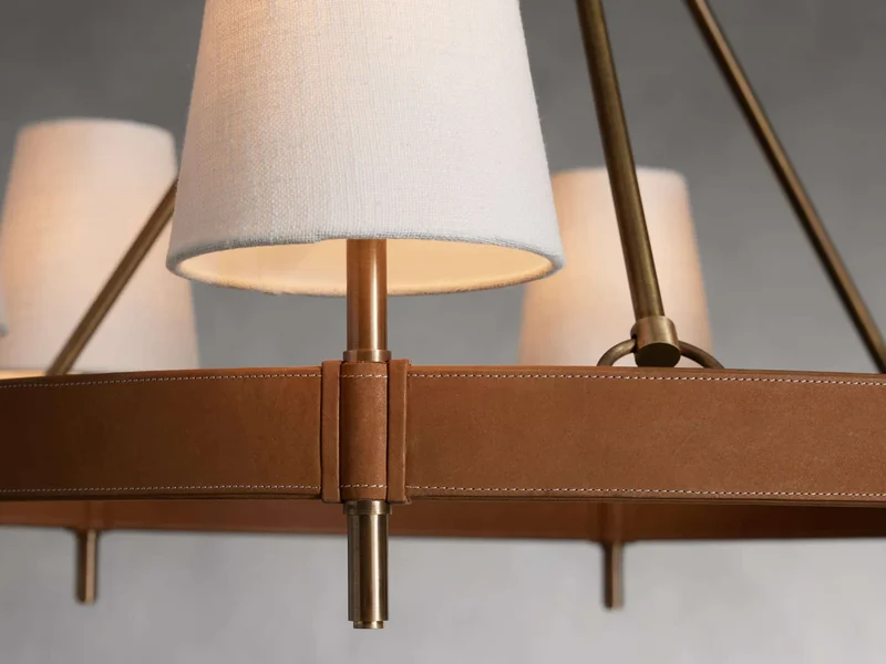 Ronde Kroonluchter Messing Antiek Leder Linnen Verstelbaar Klassiek Hanglamp voor Eetkamer en Woonkamer | Sansoti
