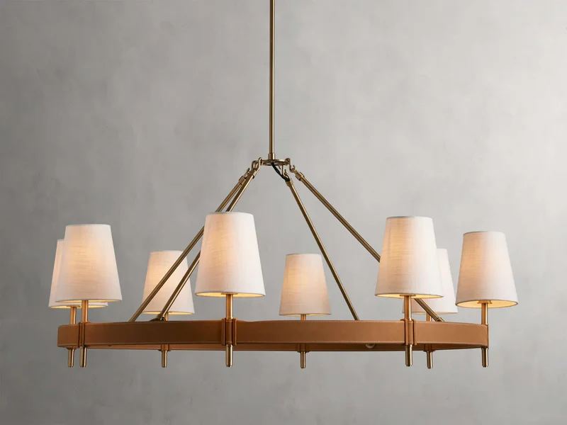 Ronde Kroonluchter Messing Antiek Leder Linnen Verstelbaar Klassiek Hanglamp voor Eetkamer en Woonkamer | Sansoti