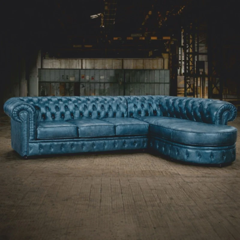 Casa Padrino Luxus Chesterfield Leder Ecksofa Vintage Blau 293 cm - Chesterfield Möbel