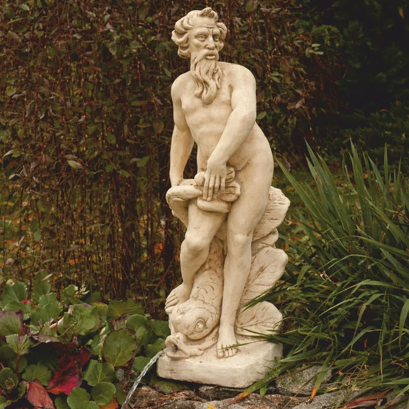 Casa Padrino Jugendstil Wasserspeier Skulptur Neptun mit Fisch Beige H. 132 cm