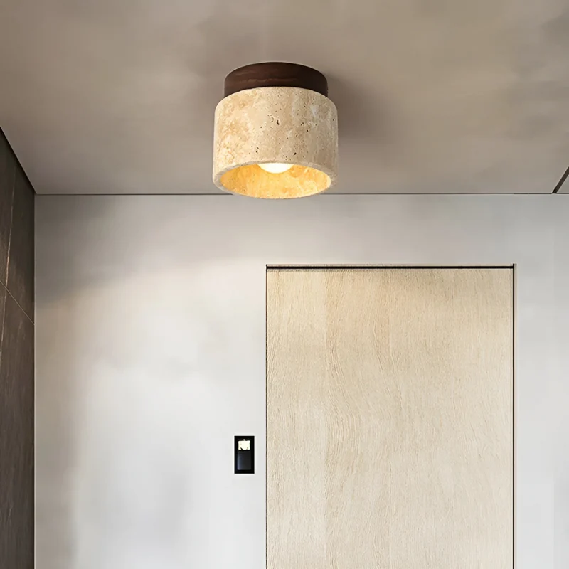 Japanse Plafondlamp Rond Travertijn Hout Warm Licht E27 Wabi Sabi Minimalistische Sfeerverlichting Woonkamer | Sansoti