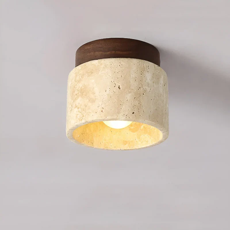 Japanse Plafondlamp Rond Travertijn Hout Warm Licht E27 Wabi Sabi Minimalistische Sfeerverlichting Woonkamer | Sansoti