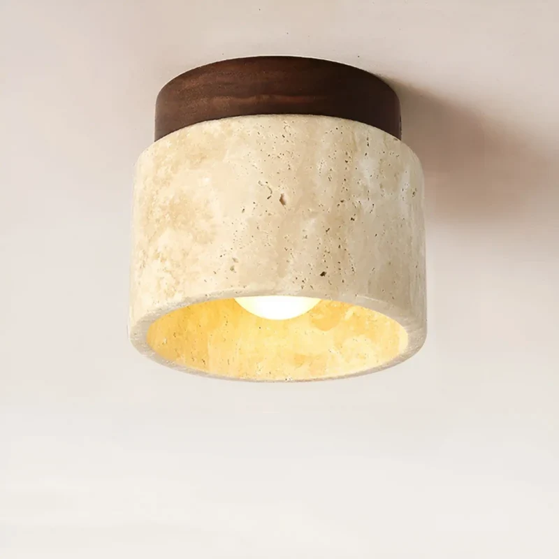 Japanse Plafondlamp Rond Travertijn Hout Warm Licht E27 Wabi Sabi Minimalistische Sfeerverlichting Woonkamer | Sansoti