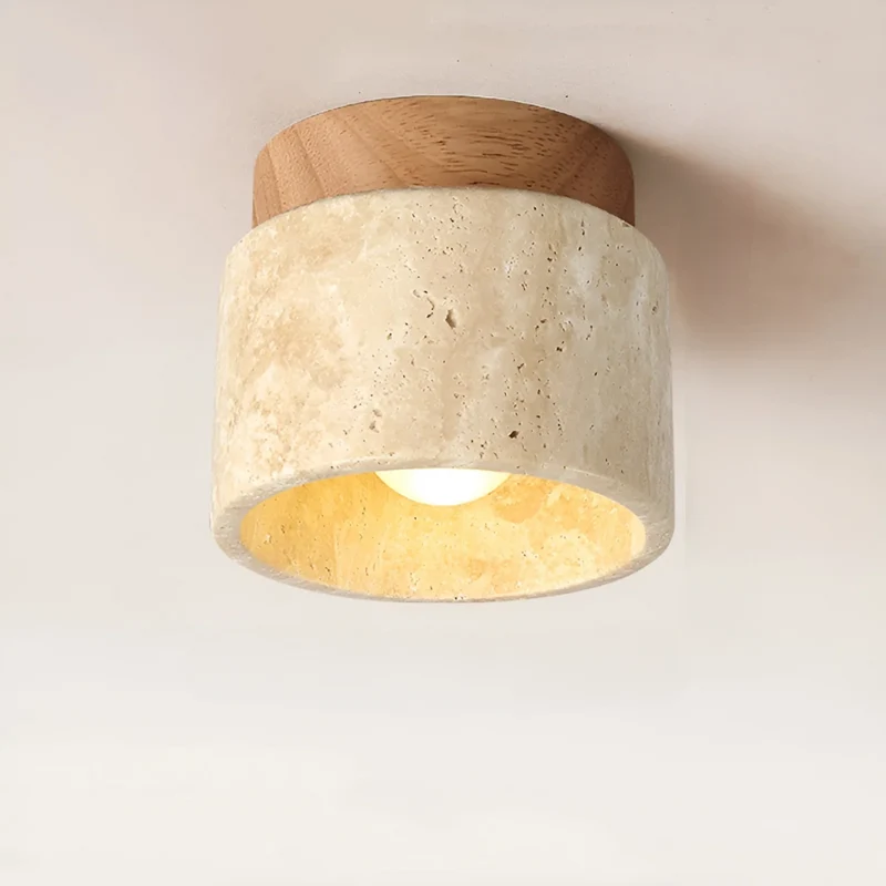 Japanse Plafondlamp Rond Travertijn Hout Warm Licht E27 Wabi Sabi Minimalistische Sfeerverlichting Woonkamer | Sansoti