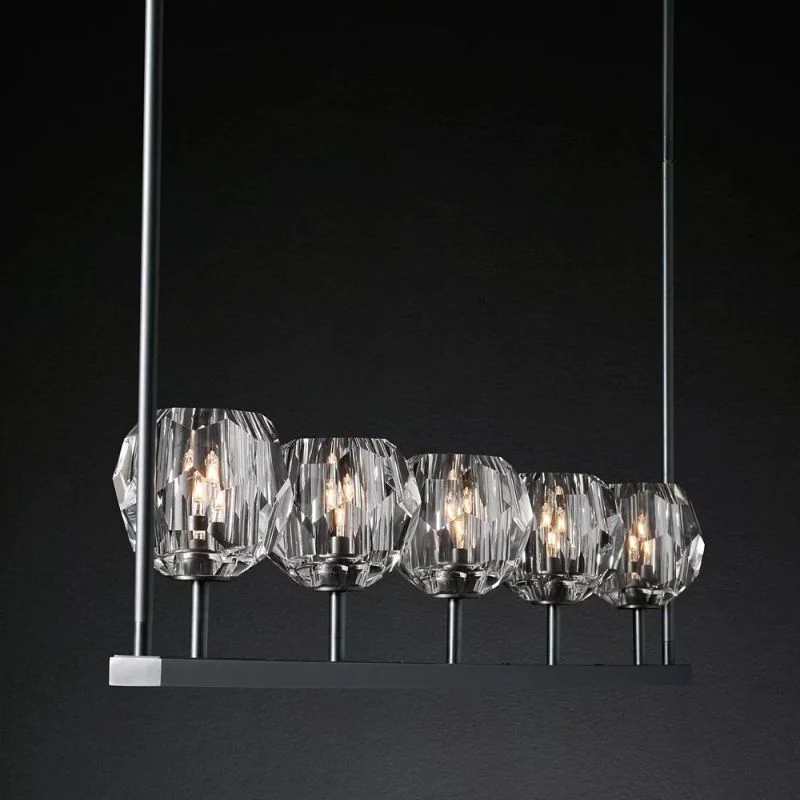 Lineaire Kroonluchter met Kristallen Bollen 152cm Messing Zwart Nikkel voor Eetkamer Woonkamer 6 Lichtpunten | Sansoti