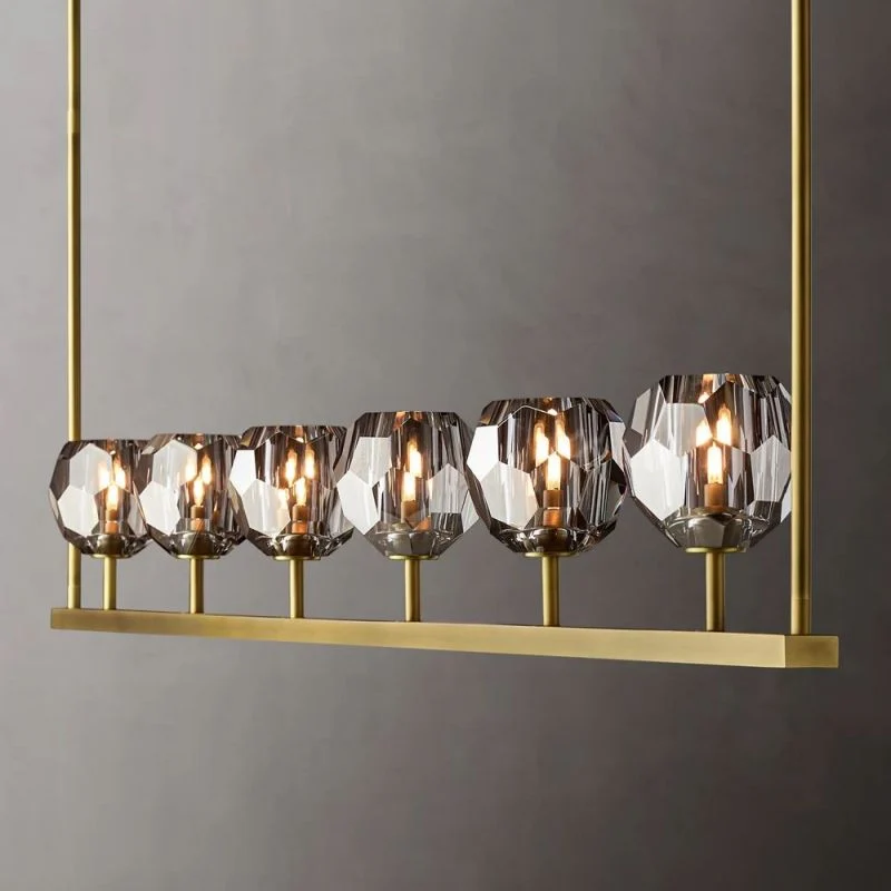 Lineaire Kroonluchter met Kristallen Bollen 152cm Messing Zwart Nikkel voor Eetkamer Woonkamer 6 Lichtpunten | Sansoti