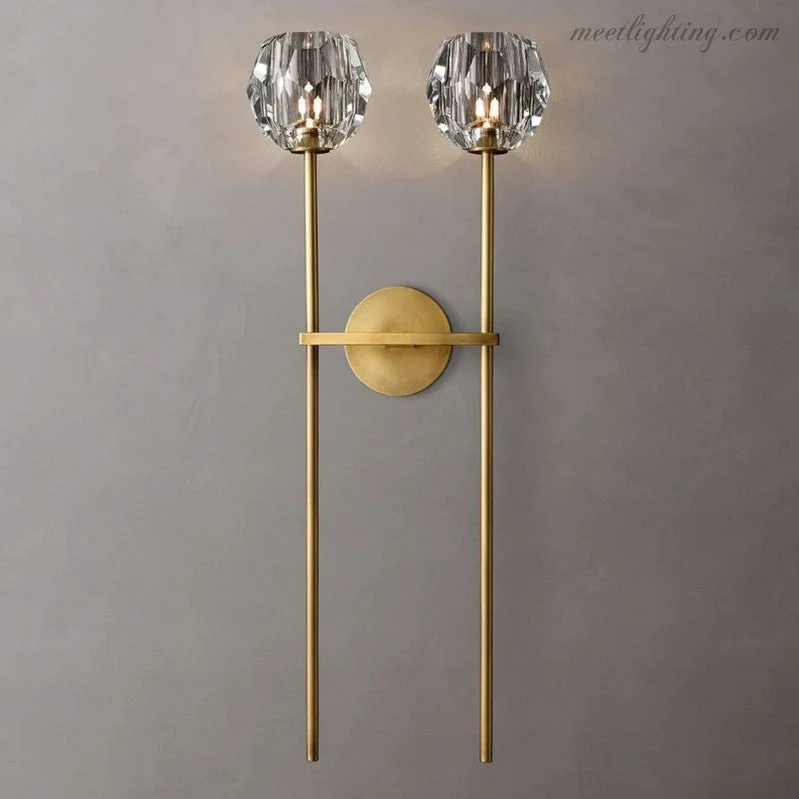 Dubbele Wandlamp met Kristalglazen Bollen Messing 71cm Hoog Handgeslepen Luxe Verlichting Modern Woonkamer | Sansoti