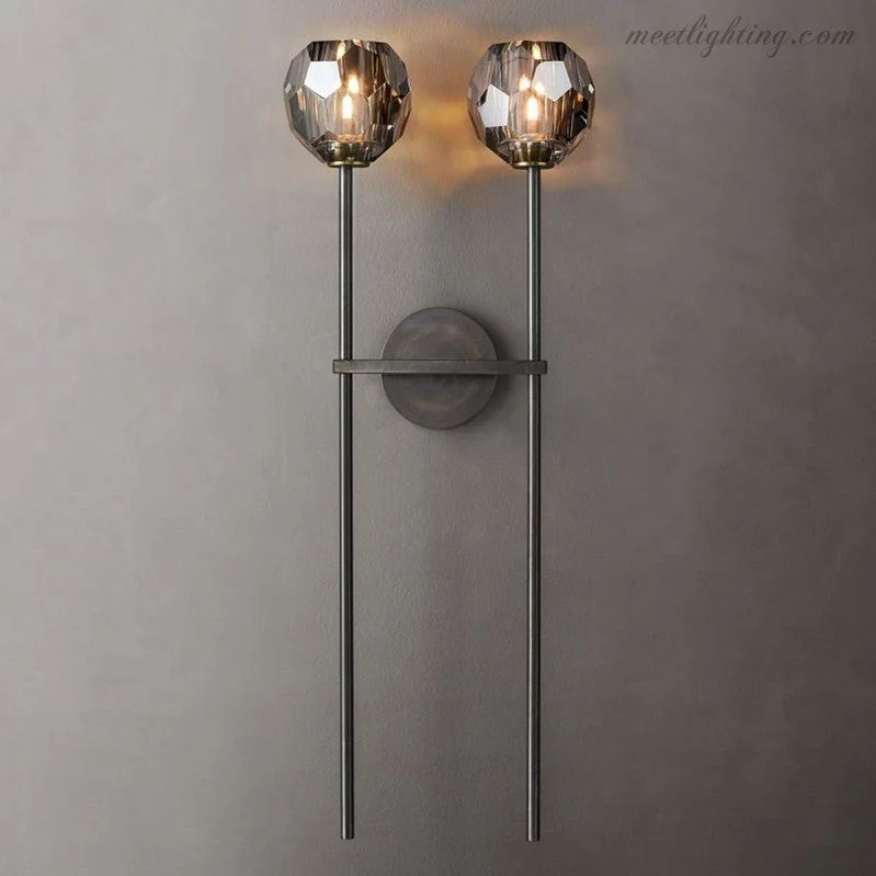 Dubbele Wandlamp met Kristalglazen Bollen Messing 71cm Hoog Handgeslepen Luxe Verlichting Modern Woonkamer | Sansoti