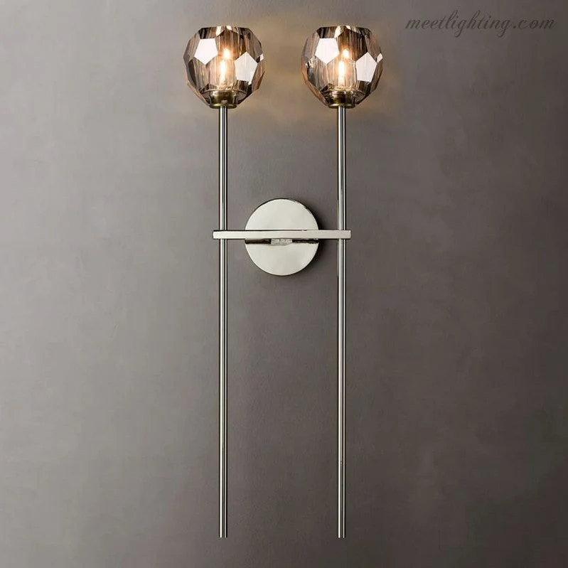 Dubbele Wandlamp met Kristalglazen Bollen Messing 71cm Hoog Handgeslepen Luxe Verlichting Modern Woonkamer | Sansoti