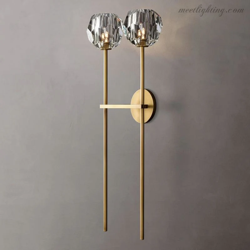 Dubbele Wandlamp met Kristalglazen Bollen Messing 71cm Hoog Handgeslepen Luxe Verlichting Modern Woonkamer | Sansoti