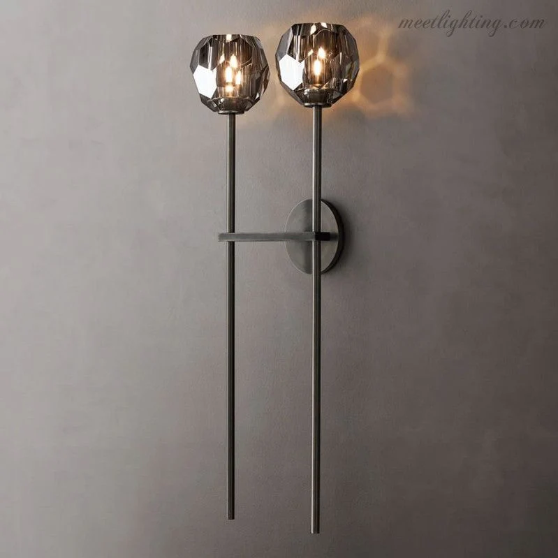 Dubbele Wandlamp met Kristalglazen Bollen Messing 71cm Hoog Handgeslepen Luxe Verlichting Modern Woonkamer | Sansoti