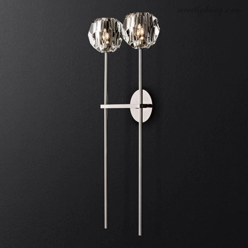 Dubbele Wandlamp met Kristalglazen Bollen Messing 71cm Hoog Handgeslepen Luxe Verlichting Modern Woonkamer | Sansoti