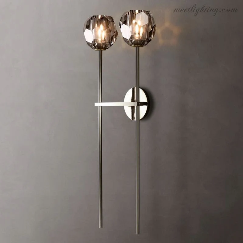 Dubbele Wandlamp met Kristalglazen Bollen Messing 71cm Hoog Handgeslepen Luxe Verlichting Modern Woonkamer | Sansoti
