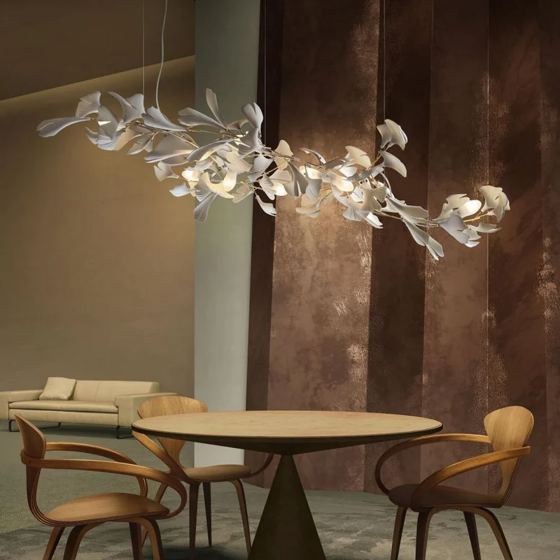 Kroonluchter Keramiek Ginkgo Bladeren Lineair Design Hanglamp Eetkamer Woonkamer Porselein Messing Verlichting | Sansoti